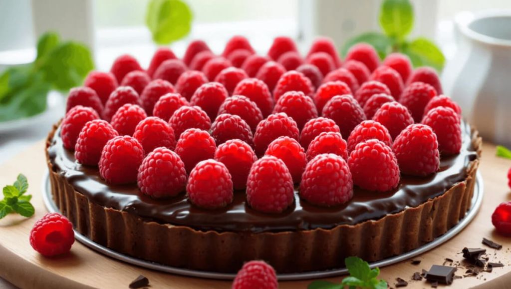 Tarte aux framboises et au chocolat