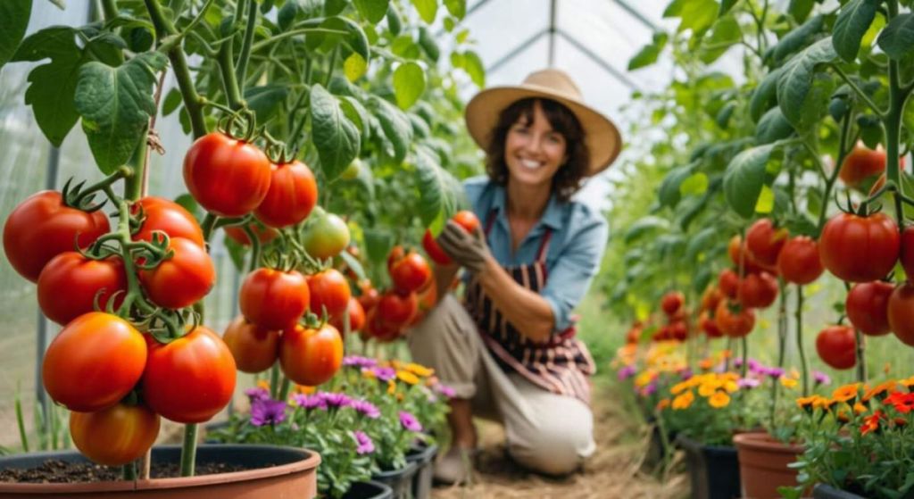 Femme qui jardine avec ses tomates
