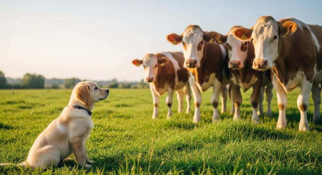 Chiot qui regarde des vaches