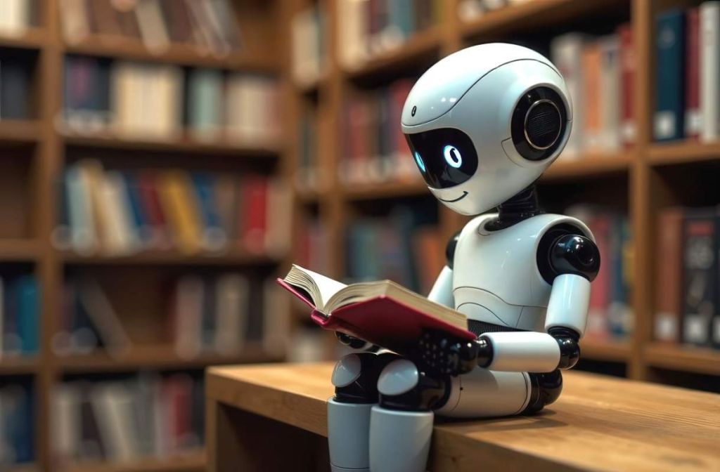 Robot qui lit dans une bibliothèque - crédit photo : Natalia via Adobe Stock