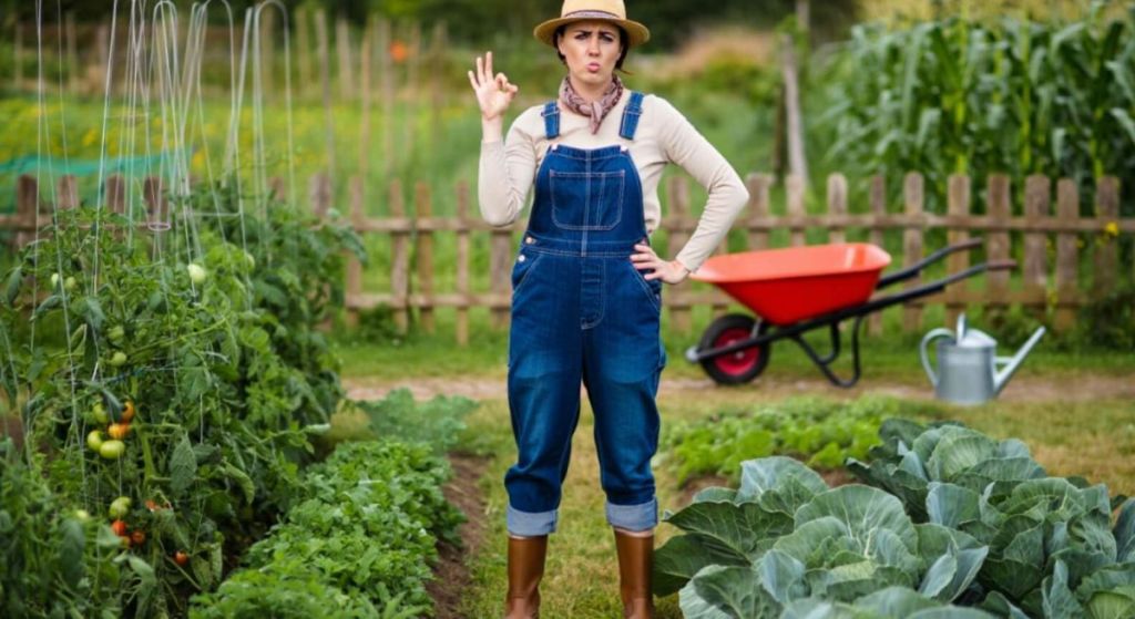 Femme dans son jardin en tenue de jardinière