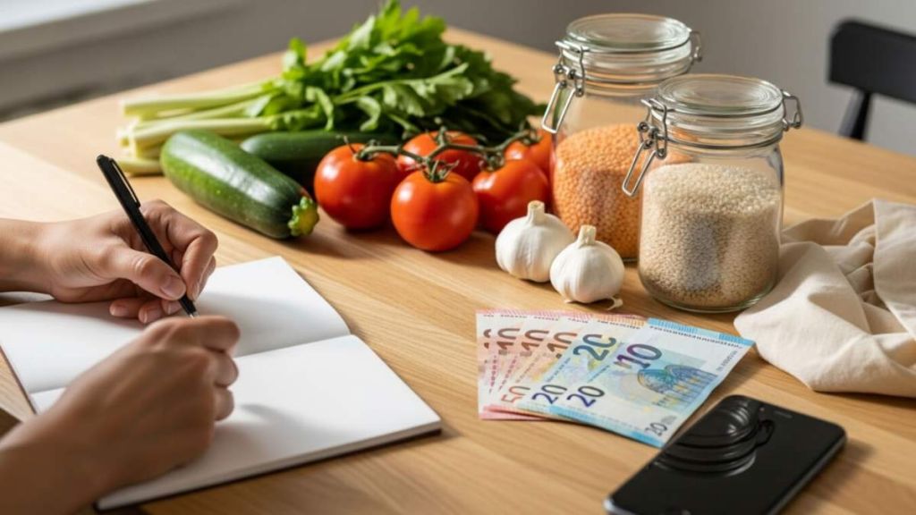 Mains qui écrivent une liste de courses devant des produits alimentaires
