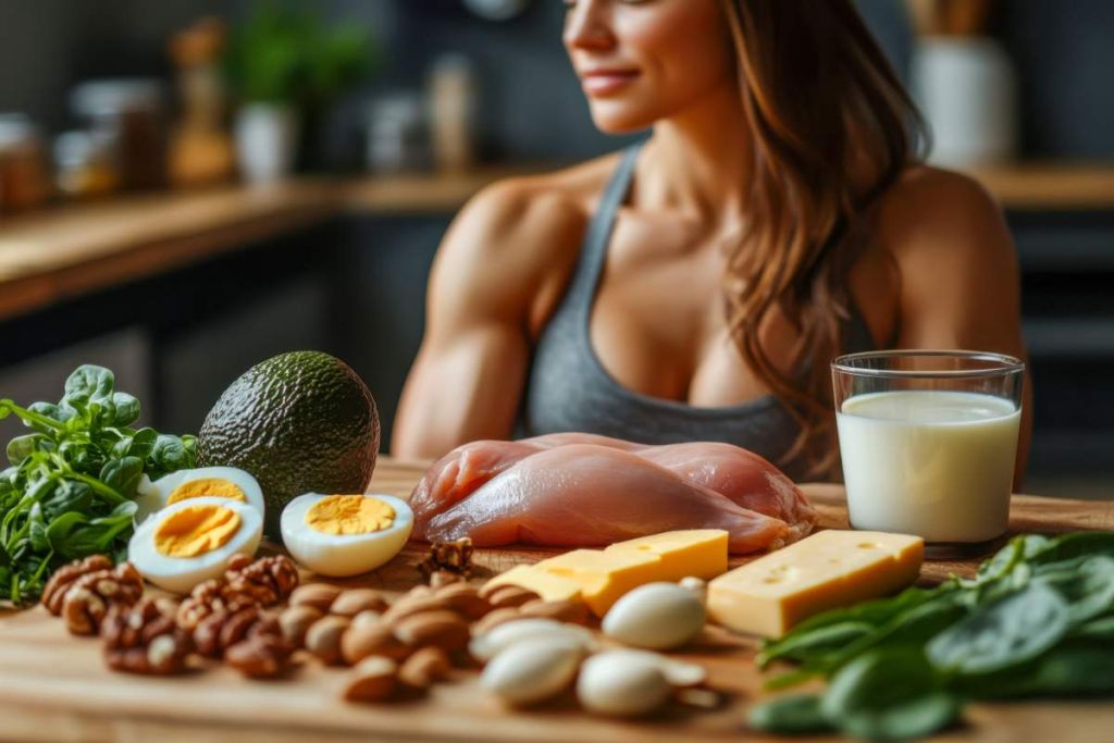 Femme luscklée devant des aliments protéinés - crédit photo : Viktoriia Boiko via Adobe Stock