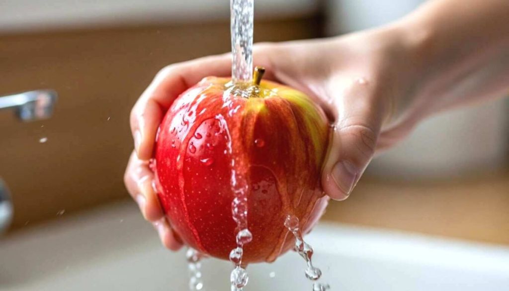 Pomme lavée sous le robinet