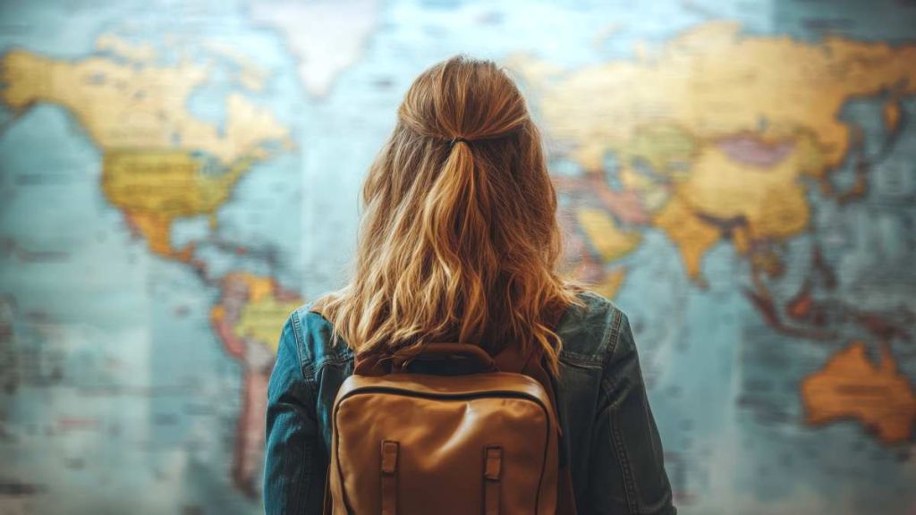 Femme avec sac à dos devant une carte du monde