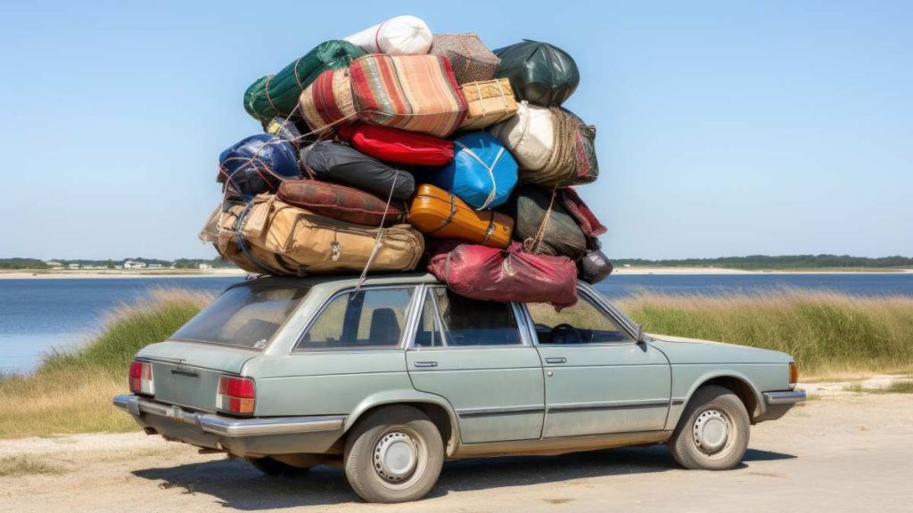 Voiture surchargée avec une vingtaine de sacs sur son toit