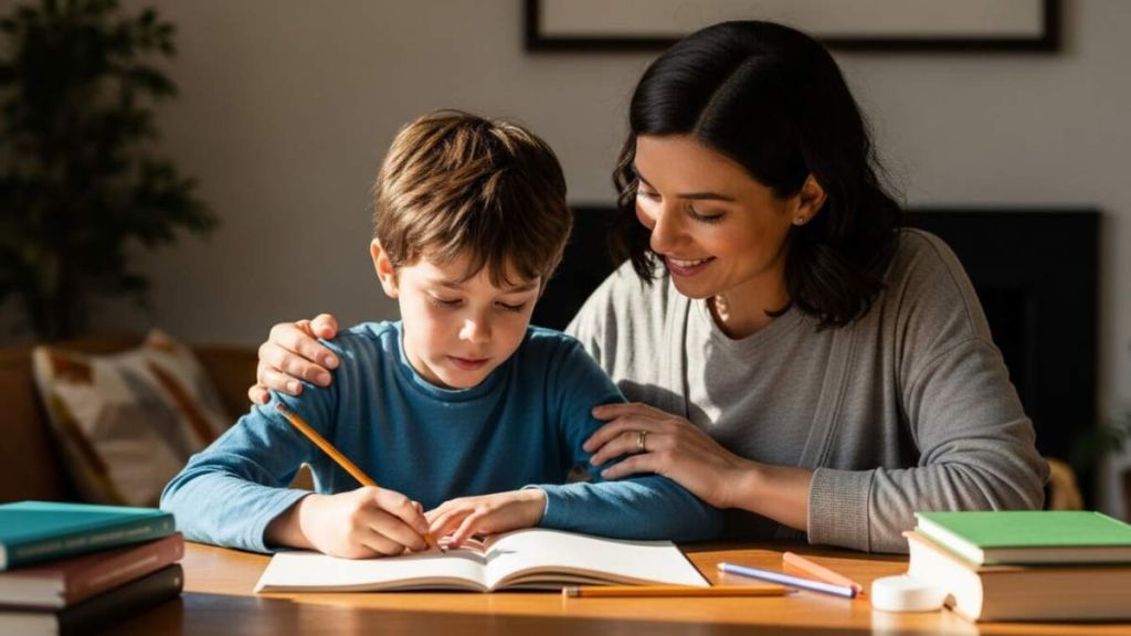 Mère qui aide son fils à faire ses devoirs