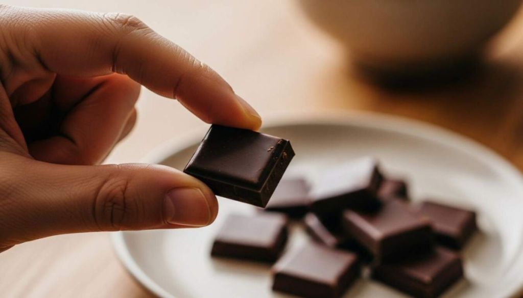 Main qui prend un carré de chocolat noir dans une assiette