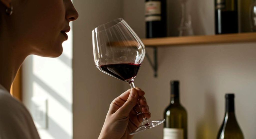 Femme qui goûte du vin rouge dans un verre à dégustation