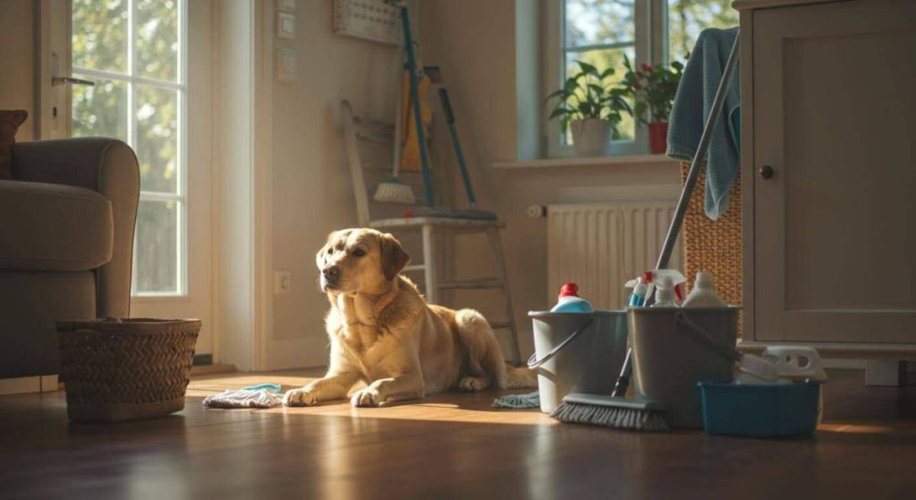 Chien couché sur le sol à côté de produits ménagers