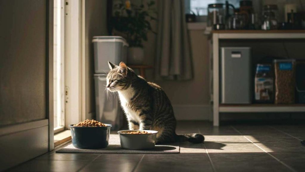 Chat devant sa gamelle de croquettes