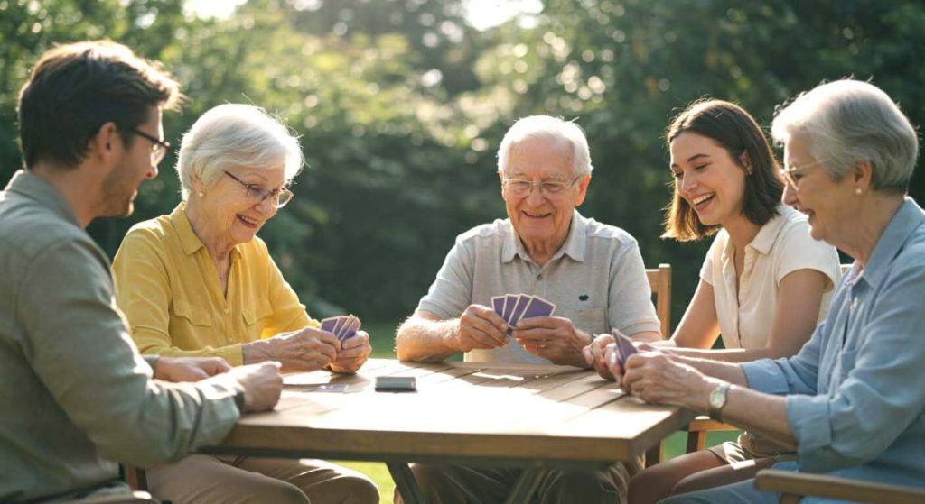 Seniors souriants jouant aux cartes avec des adulte splus jeunes