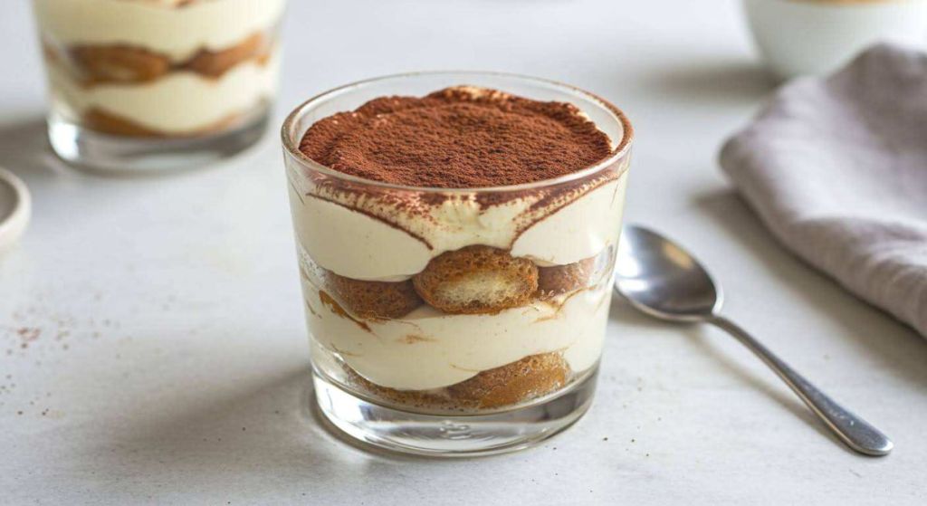 Tiramisù en verrines sur une table en marbre