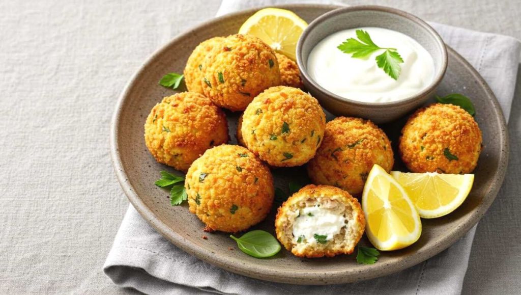 Boulettes de thon à la ricotta sur une assiette avec des quartiers de citron et un petit ramequin de sauce