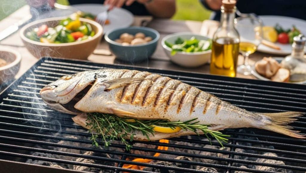 Gros poisson en cours de cuisson au barbecue