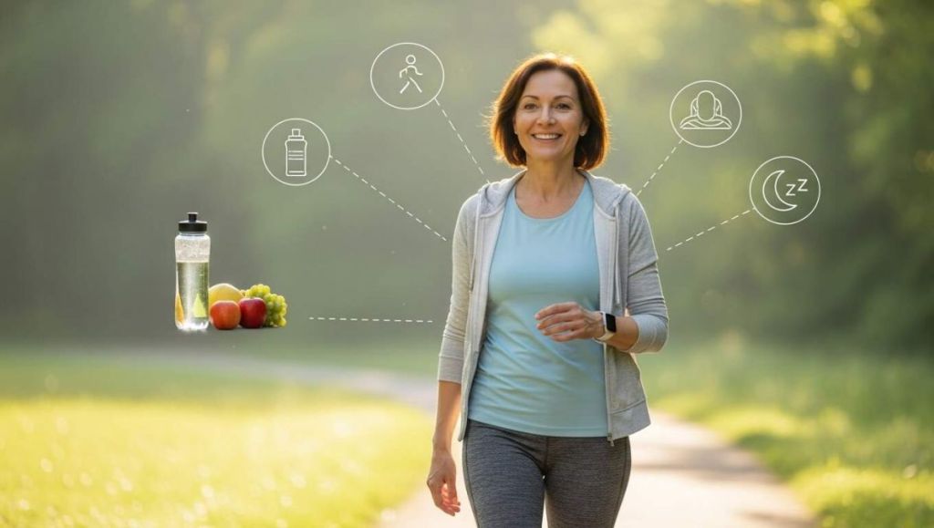 Femme de 50-60 ans souriante et en pleine forme, qui marche dans la nature