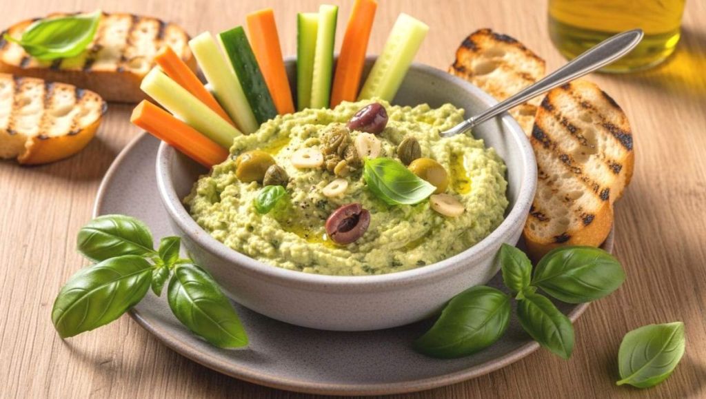 Tapenade aux courgettes entourée de bâtonnets de légumes