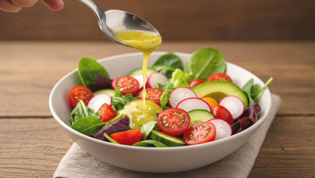 Salade de légumes frais appétissante avec une cuillère qui y verse une vinaigrette fluide.