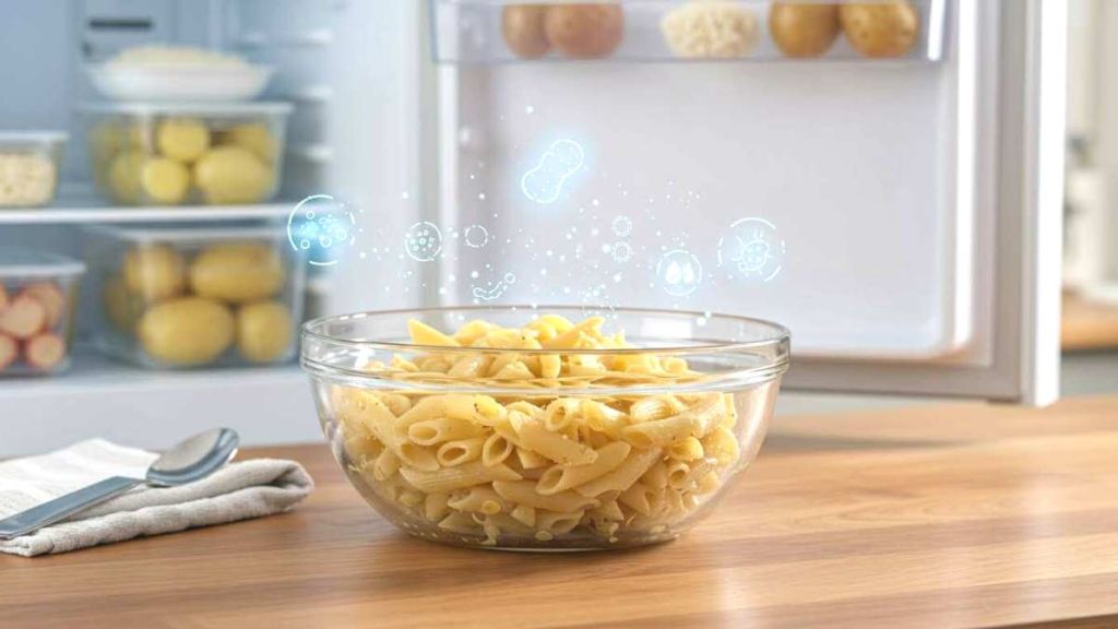 Bol de pâtes sur une table devant un frigo