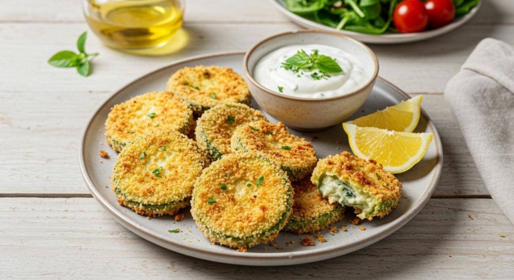 Courgettes panées au parmesan sur une assiette avec un ramequin de sauce crémeuse