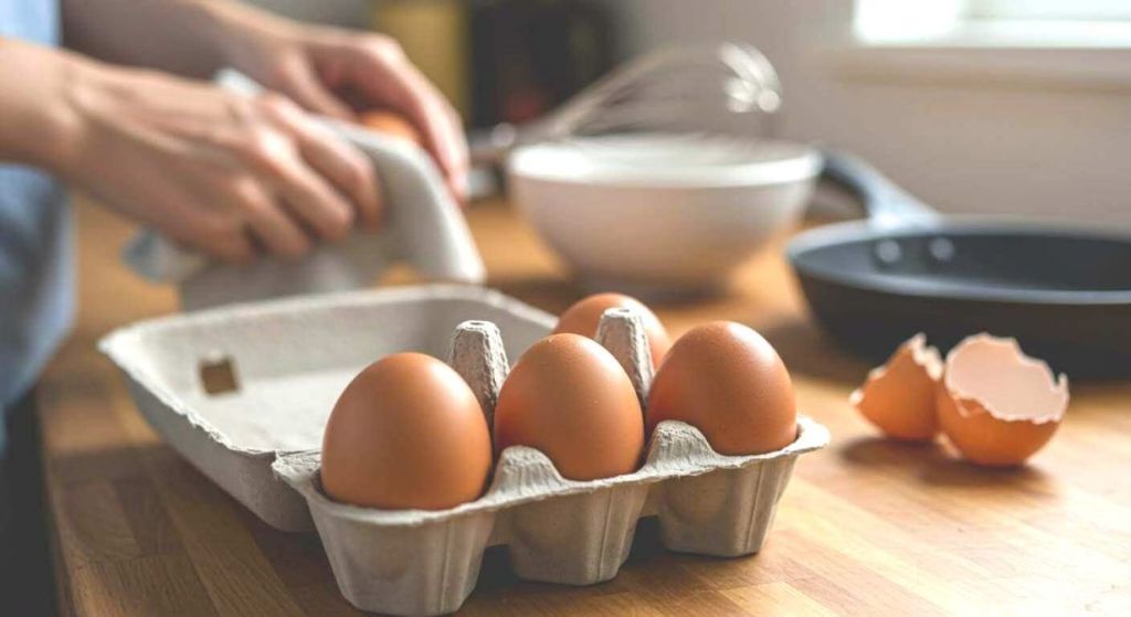 Boîte d'oeufs avec une main qui en prend pour cuisiner
