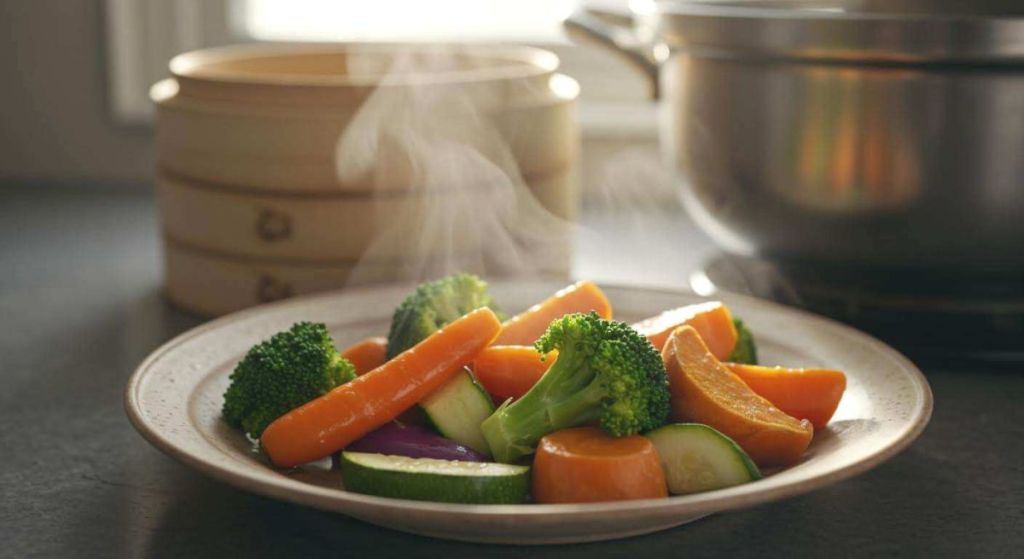 Assiette de légumes vapeur fumante
