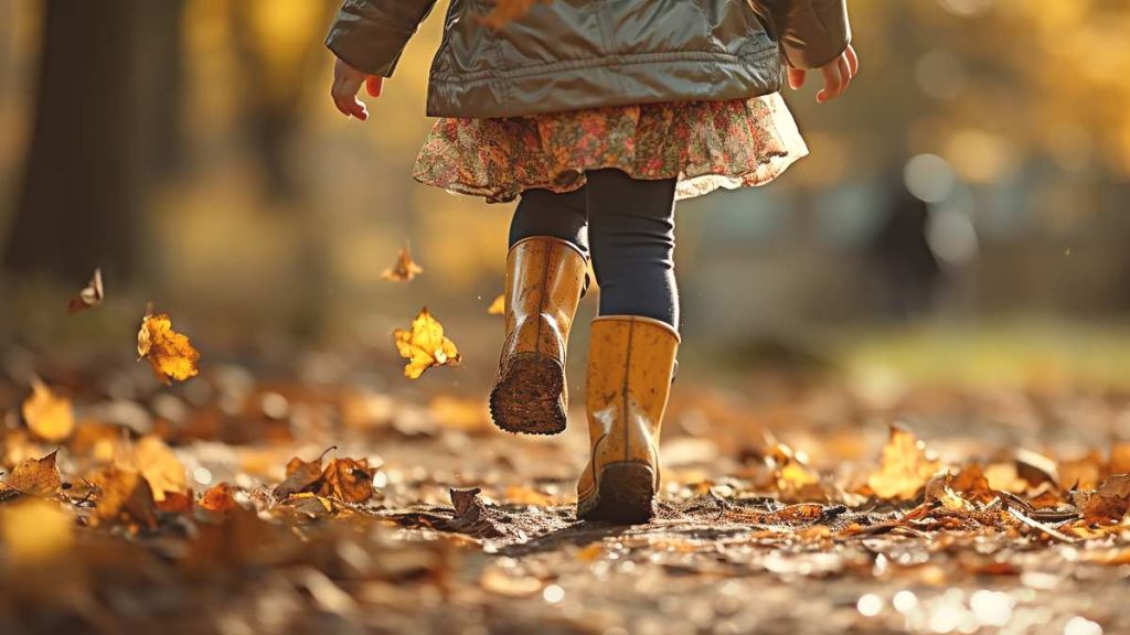 Automne : petite fille qui marche dans les feuilles