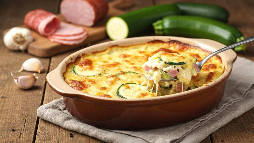Gratind e courgettes crémeux au jambon avec une cuillère qui en prend une part alors que le fromage file.