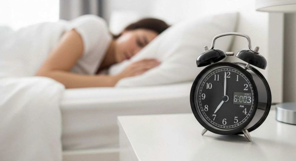 Femme couchée dans son lit avec un gros réveil à côté