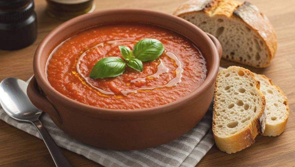 Soupe tomate basilic avec tranches de pain