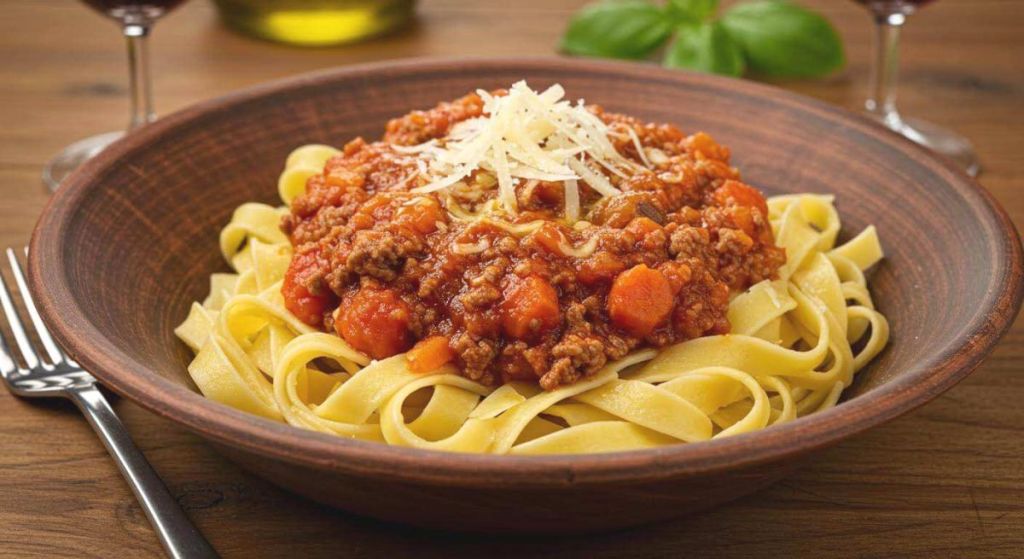 Tagliatelles bolognaise dans une assiette creuse