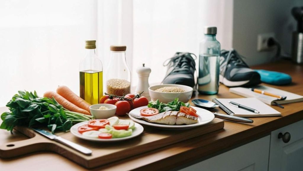 Tablea gardine avec des aliments sains : légumes, saumon, huile d'olive, herbes fraîches