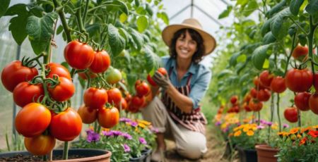 Femme qui jardine avec ses tomates
