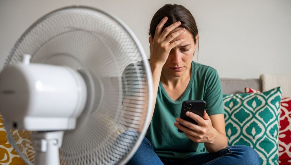 Femme qui a chaud devant un ventilateur