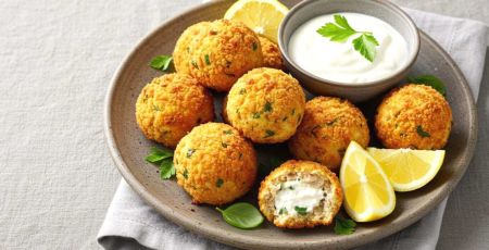 Boulettes de thon à la ricotta sur une assiette avec des quartiers de citron et un petit ramequin de sauce