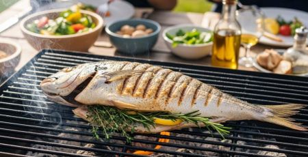 Gros poisson en cours de cuisson au barbecue