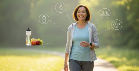 Femme de 50-60 ans souriante et en pleine forme, qui marche dans la nature