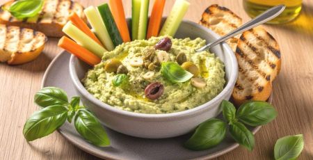 Tapenade aux courgettes entourée de bâtonnets de légumes