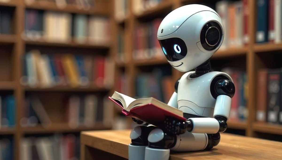 Robot qui lit dans une bibliothèque - crédit photo : Natalia via Adobe Stock