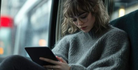 Jeune femme qui utilise une tablette dans un bus - crédit photo : imagepocket via Adobe Stock
