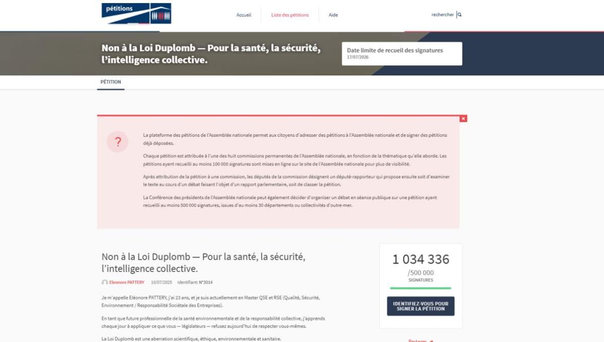 Pétition contre la loi Duplomb - source : site de l'Assemblée Nationale