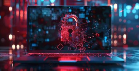 Ecran d'ordinateur portable affichant un cadenas dans un environnement rouge et bleu cybernétique