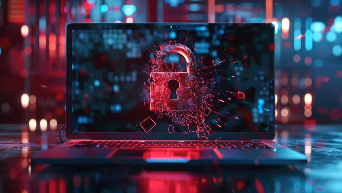 Ecran d'ordinateur portable affichant un cadenas dans un environnement rouge et bleu cybernétique