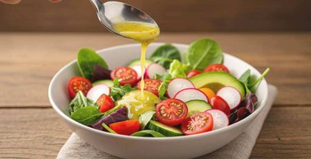 Salade de légumes frais appétissante avec une cuillère qui y verse une vinaigrette fluide.