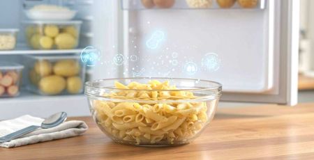 Bol de pâtes sur une table devant un frigo
