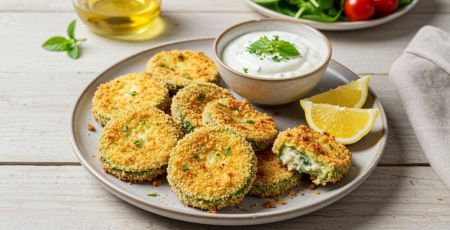 Courgettes panées au parmesan sur une assiette avec un ramequin de sauce crémeuse
