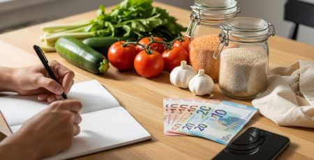 Mains qui écrivent une liste de courses devant des produits alimentaires
