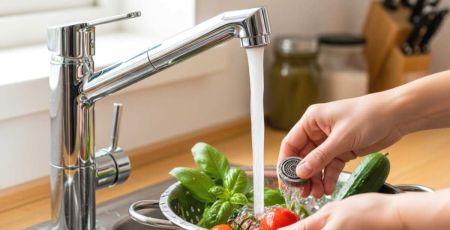 Femme qui rince des légumes à l'eau du robinet