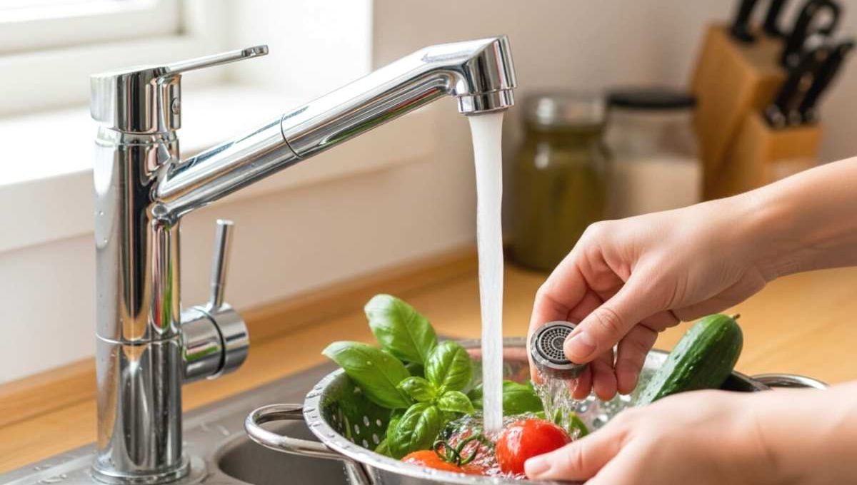 Femme qui rince des légumes à l'eau du robinet