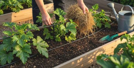 Mains de jardinier qui prépare son potager pour l'été